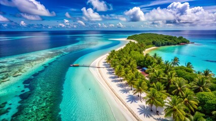 Fototapeta premium Aerial View of a Tropical Island with Clear Blue Water, Palm Trees, and a Sandy Beach, tropical, island, beach, paradise