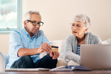 Fototapeta premium Old couple, credit card or investment on laptop for banking app with elderly husband or wife in home. Mortgage, household bills or people with retirement savings growth, insurance payment or password