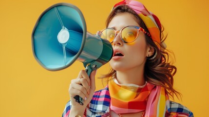 Video marketing, live stream or media clip to promote brand, influencer advertising, content marketing or online digital campaign concept, beauty confidence woman with megaphone on vi