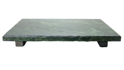 Rectangular green marble slab on short legs isolated on a transparent background.