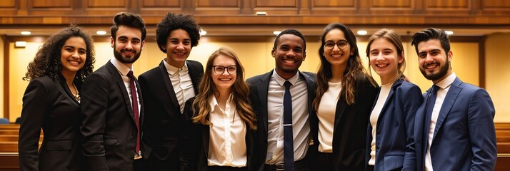 Diverse Group of Smiling Law Students in Courtroom Setting