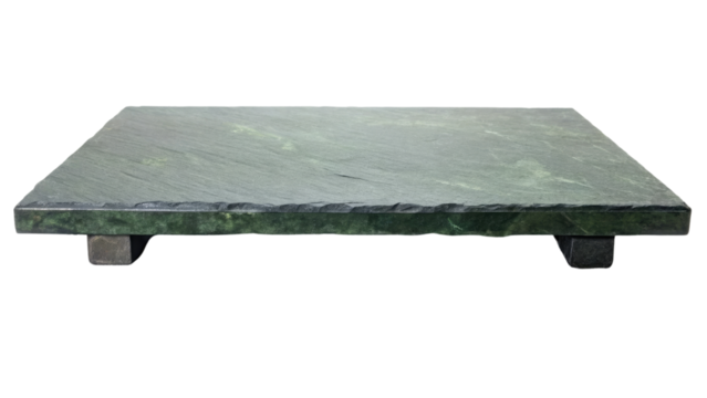 Rectangular green marble slab on short legs isolated on a transparent background.