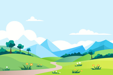 Fototapeta premium Landscape of green meadows and fields with beautiful flowers, trees, road and clouds. Summer rural landscape, vector illustration for design.