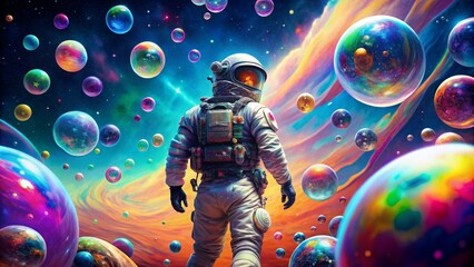 Astronaut's Journey Through Cosmic Bubbles, digital art, astronaut, colorful bubbles, space exploration, space, astronaut