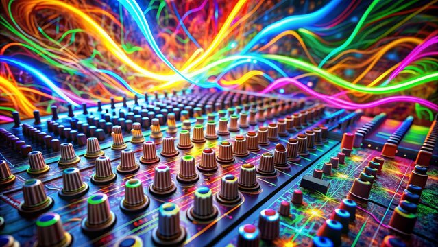 Audio Mixer Under Neon Lights, close up, colorful, music production, audio engineering, mixing console, dj