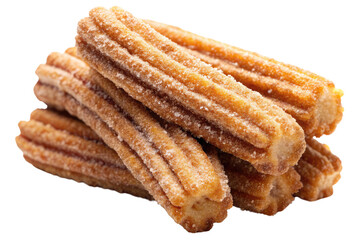 Pile of golden, sugar-coated churros isolated on a transparent background.