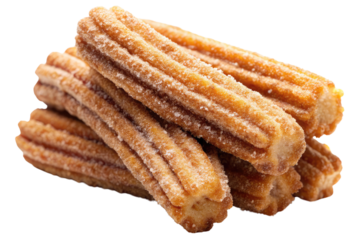 Pile of golden, sugar-coated churros isolated on a transparent background.
