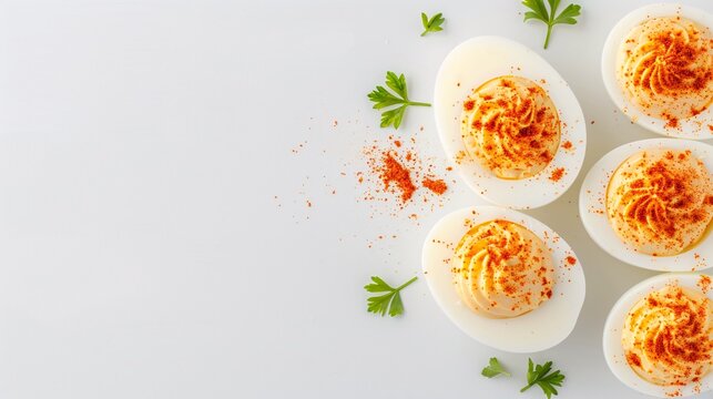 Deviled eggs with paprika and parsley on a white plate on a white background. Minimalistic flat lay style with space for text. Ideal for banners, marketing materials, backgrounds, and food-related des