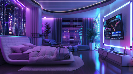 A contemporary futuristic bedroom with a holographic, virtual reality headset, a smart bed with built-in, AI-powered sleep coaching