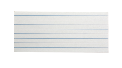 Blank white index card with blue lines isolated on a transparent background.