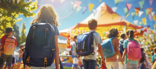 Obraz premium Outdoor School Festival: Students with Backpacks under Bright Sky, Perfect for Print and Posters