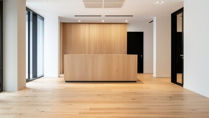 Fototapeta premium front desk with light wood and white walls, a blank wall for decoration in the middle of an office building.