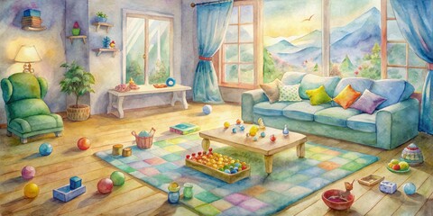 Fototapeta premium Cozy living room with scattered board games, colorful toys, and snacks, conveying warmth and joy of a happy family's leisure time at home.