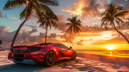 A luxurious red sports car gleaming under the golden hues of a beach sunset with palm trees