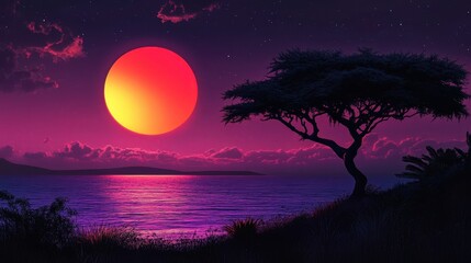 Naklejka premium Serene African Sunset: Photorealistic View with Tree, Purple Sky, Red Sun, Yellow Moon, and Blue Sea