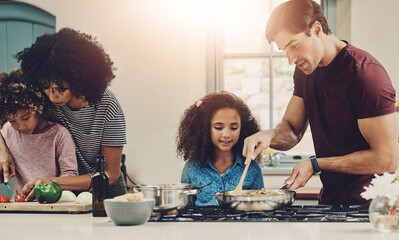 Family, helping and meal prep for cooking in kitchen with vegetables, teaching and nutrition salad...