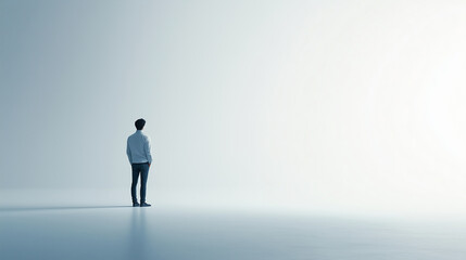 Obraz premium Man standing alone in vast minimalist space.