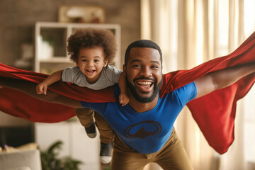 Happy African American Father Playing Superhero with His Young Son Indoors