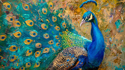 A painting of a vibrant peacock with feathers in blue  green  and golden color texture