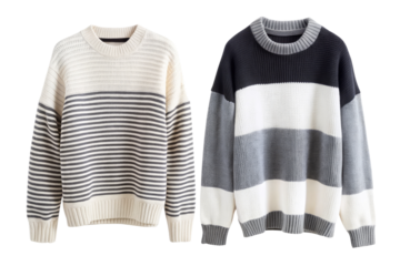 Two cozy striped sweaters in neutral tones isolated on a transparent background.