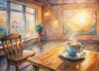 Cozy coffee shop interior with a rustic wooden table, steaming cup, and a loyalty card with stamps, surrounded by warm lighting and inviting atmosphere.