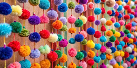 Colorful Pom Pom Garland Hanging in a Row, Close Up, Woven Texture, Festive Decor, Pom Pom Garland, Texture, Close Up