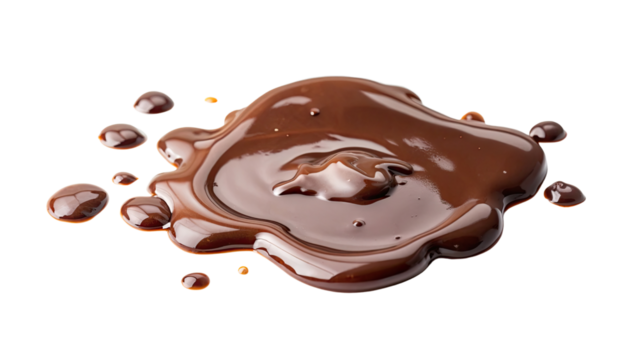 Splash of melted chocolate on a flat surface isolated on a transparent background.
