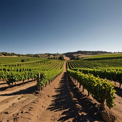 A picturesque vineyard with rows of grapevines stretching to the horizon under a clear blue sky