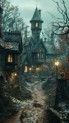 Obraz premium Mysterious Haunted House in Foggy Forest with Dim Streetlight on Misty Autumn Evening