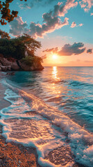 Obraz premium Stunning Sunrise Over Tranquil Beach - Idyllic Coastal Getaway with Calm Waves, Golden Sky, Perfect Vacation Spot