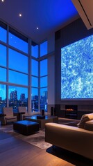 Modern Montreal Living Room with Advanced Sound System and Blue Glow Walls