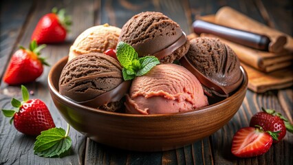 Delicious Ice Cream Scoops with Strawberries in Wooden Bowl, ice cream, dessert, summer , strawberry