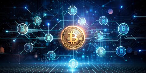 Obraz premium Digital Bitcoin Network - A 3D Illustration of a Bitcoin Coin on a Blue Circuit Board, Cryptocurrency, Blockchain, Digital Currency, Decentralized Finance