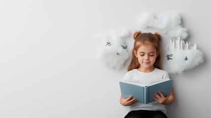 Young girl reading book in front of cloud-like decor on wall. Imagination and dream concept with copy space on white background.