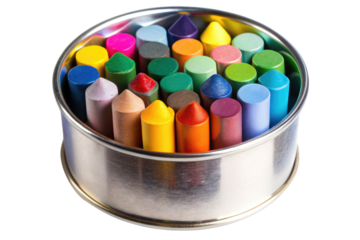 Tin container filled with colorful chalk sticks isolated on a transparent background.