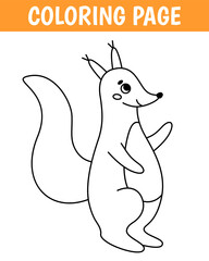 Animal coloring page, cute print with line squirrel. Printable worksheet with solution for school and preschool. Vector cartoon illustration.