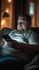 Fototapeta premium an obese 26 years old man sitting in couch at home using smartphone at night, obesity society issue concept