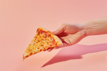 A hand holding a slice of cheese pizza against a soft pink background in bright lighting