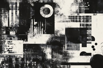 Vintage worn black and white collage background. Diverse designs and shapes
