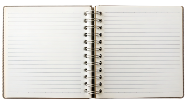 Open spiral notebook with lined pages isolated on a transparent background.