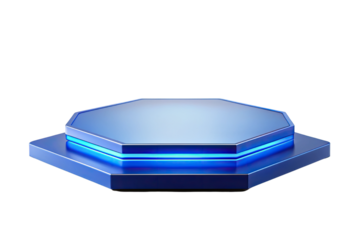 Blue glass octagonal display stand isolated on a transparent background.