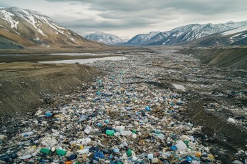 A bird's eye view of a vast garbage field overflowing with plastic waste and debris, stretching over a wide landscape with distant mountains on the horizon