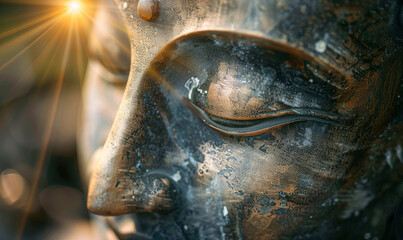 Serene Buddha Face with Radiant Sun Rays Close-Up Reflecting Buddhist Spirituality and Meditation Theme at Sunrise