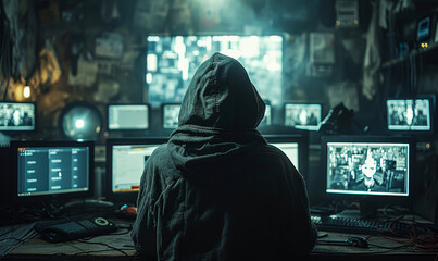 Back View of Hooded Hacker Infiltrating Corporate Data Servers from Dimly Lit Underground Hideout with Multiple Displays and Cables