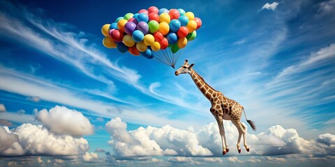 Giraffe Soaring Through the Sky With Balloons, colorful balloons, giraffe, clouds, blue sky , balloons, giraffe © Stock Spectrum