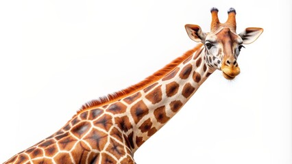 Naklejka premium Giraffe's Curious Glance A Close-Up Portrait Against a White Background, Giraffe, Animal, Wildlife, Portrait