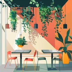 Trendy cafe with hanging plants and modern decor, flat , modern style, vibrant colors, fresh design