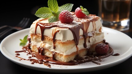 Close view of a fresh tiramisu, with delicious textures, front view from above, studio lighting, white background.