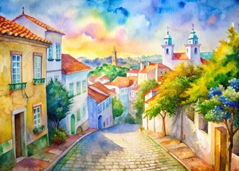 Fototapeta premium Vibrant summer scene in Portugal, narrow cobblestone streets, colorful tiles, and historic architecture set the backdrop for adventure in this charming European cityscape.
