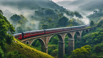 Fototapeta premium Train Crossing a Bridge in a Jungle Forest